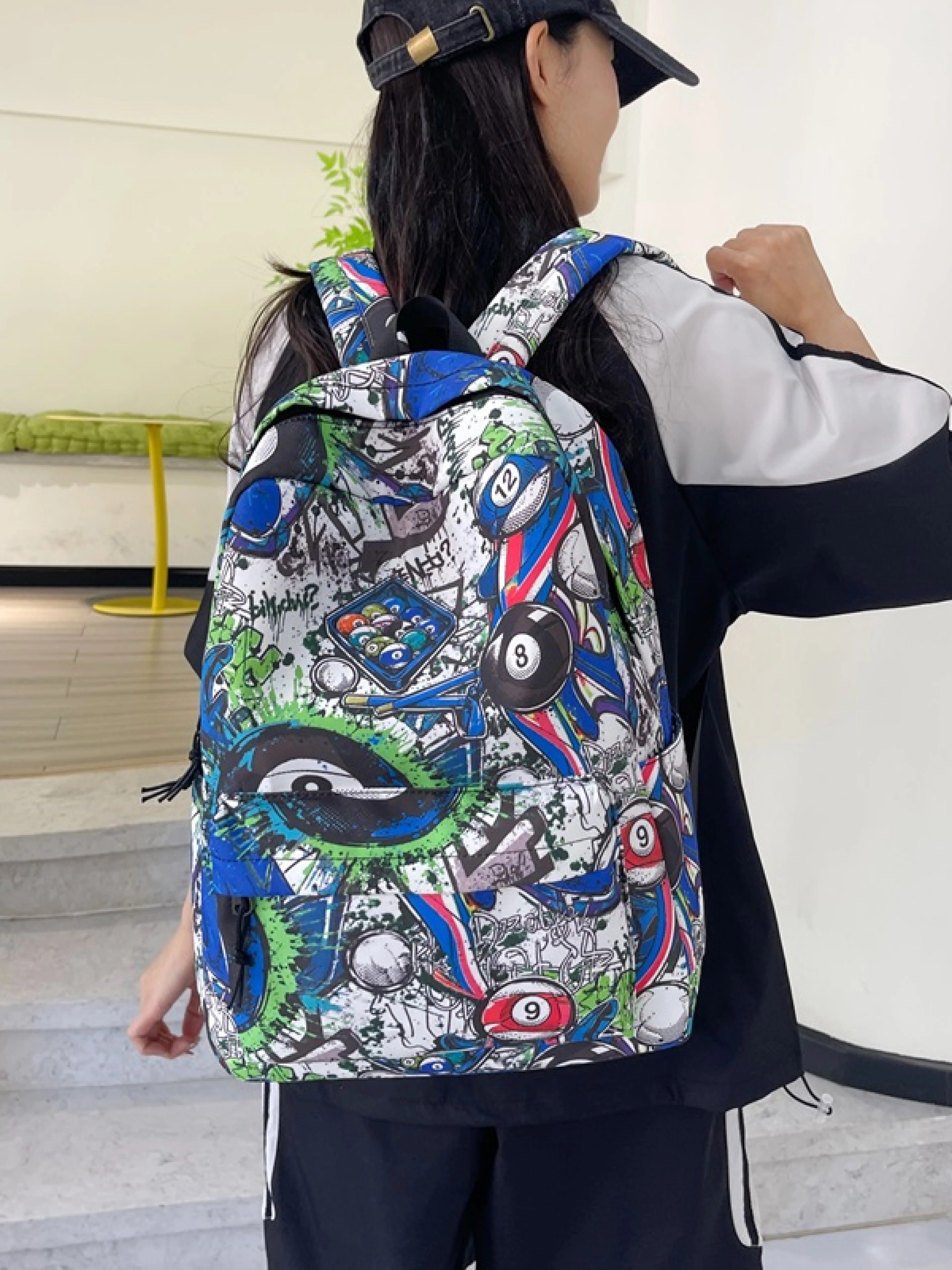 新款大容量街头潮酷男款双肩包台球图案三色可选女款书包学生背包
