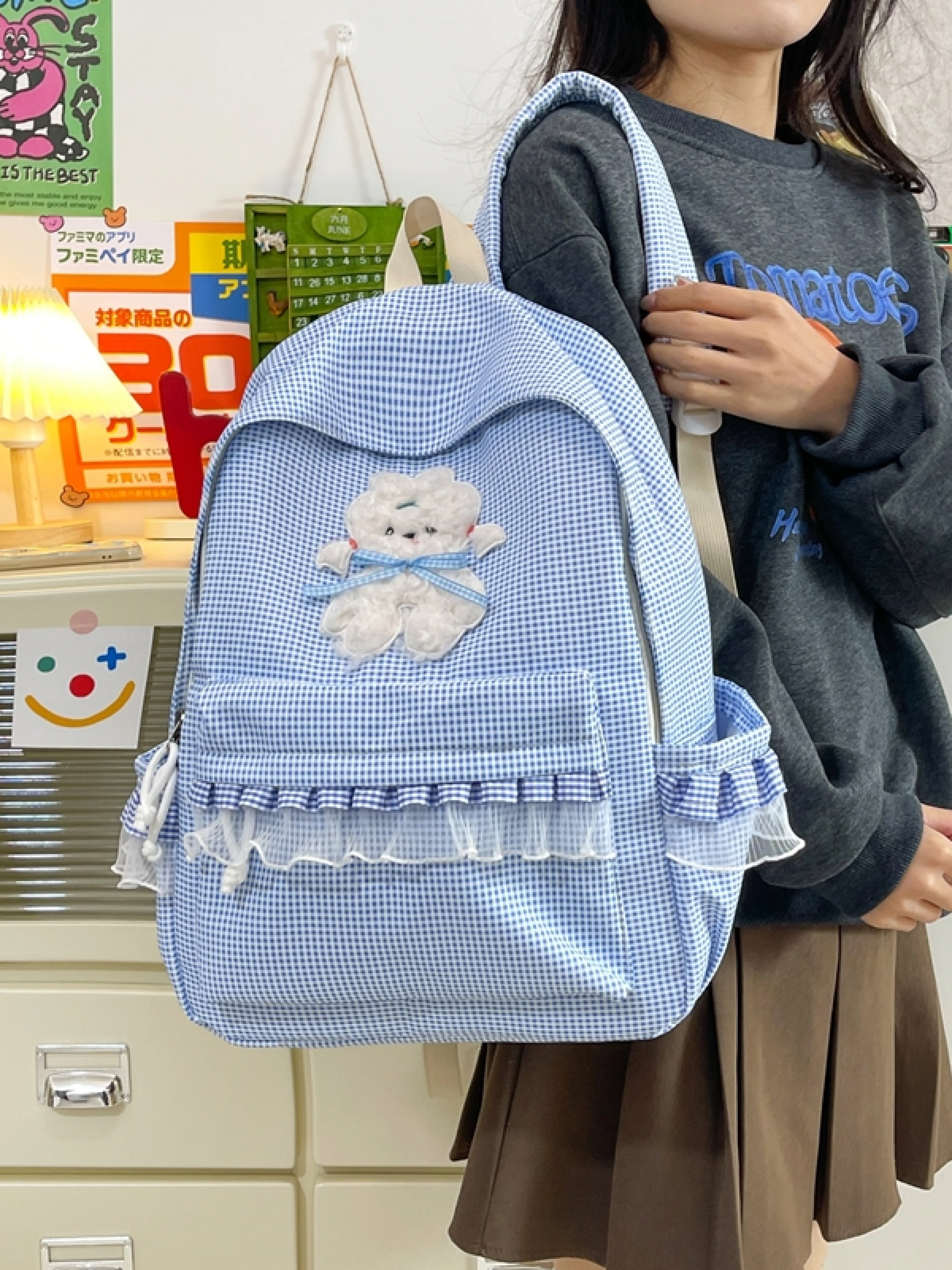 新款双肩包女格子女款双肩包女大容量加厚学生书包韩版小清晰背包